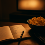Catatan daftar film dan remote di ruang nonton dengan cahaya lampu redup
