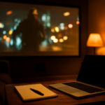 Meja dengan catatan dan laptop di ruang menonton untuk menulis review film aksi perampokan