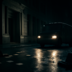 Suasana jalan kota malam dengan van di depan gedung bank, menggambarkan adegan film aksi perampokan