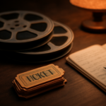 Gulungan film dan tiket bioskop di atas meja kayu sebagai ilustrasi perbandingan film perampokan klasik dan modern