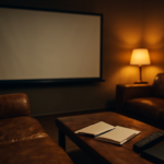 Ruang menonton film di rumah dengan sofa, buku catatan, dan layar proyektor untuk menikmati film perampokan
